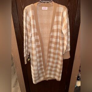 Jess Lea Tan and White Plaid Open Knit Cardigan Sweater Size M